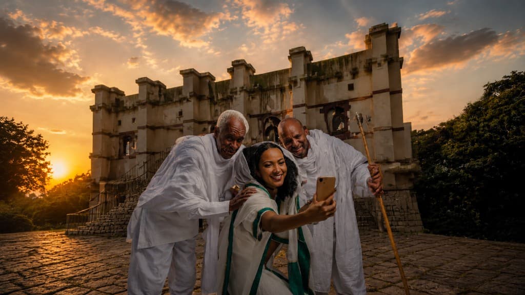 People in traditional Ethiopian dress taking a selfie at a historic stone castle