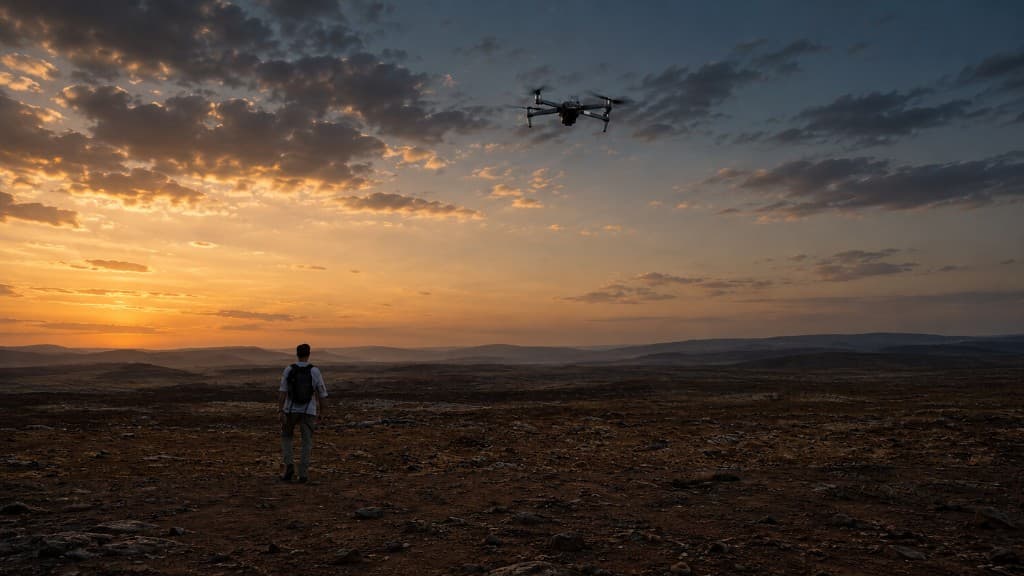 Aerial production silhouette — drone over a vast Ethiopian landscape at sunset